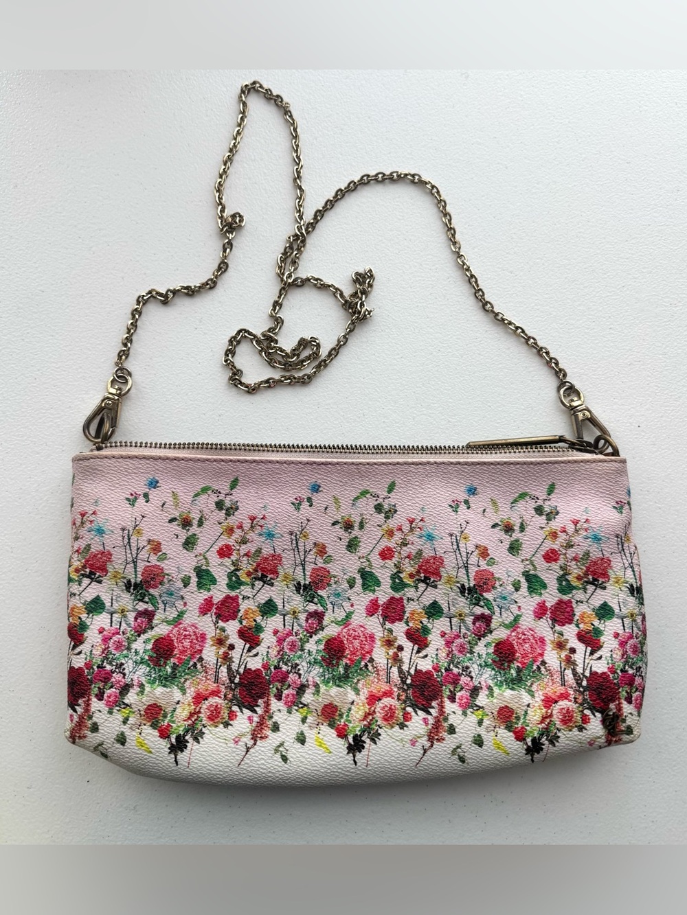 Elliott Lucca Floral Print Leather Crossbody Clutch Pink Convertible Chain Bag